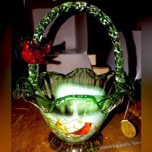 Bradford Exchange Cardinal Serenade. Hand blown glass basket with red Cardinal